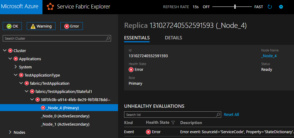 Integrità della replica in Service Fabric Explorer