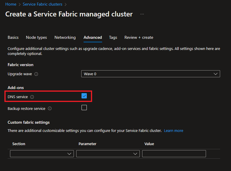 Screenshot dell'abilitazione del servizio DNS per un cluster gestito tramite il portale.