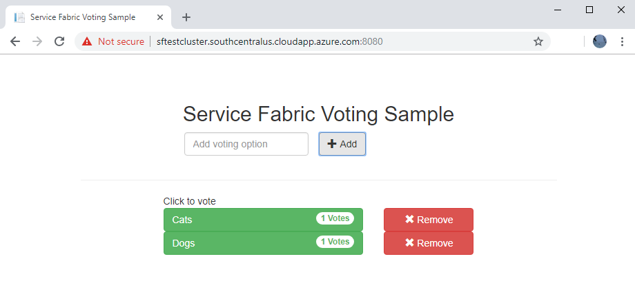 Screenshot che mostra un esempio di voto di Service Fabric.