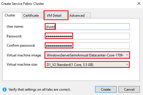 Screenshot che mostra la scheda Dettagli macchina virtuale della finestra di dialogo Crea cluster di Service Fabric.