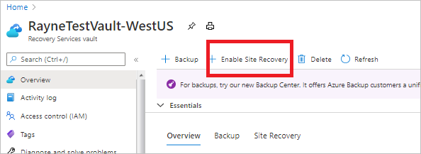 Selezione per abilitare Site Recovery nell'insieme di credenziali