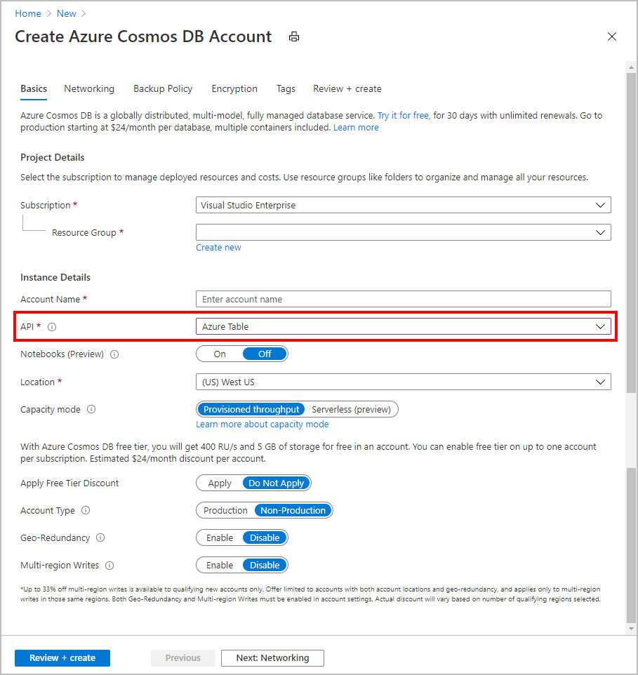 Pagina del nuovo account per Azure Cosmos DB