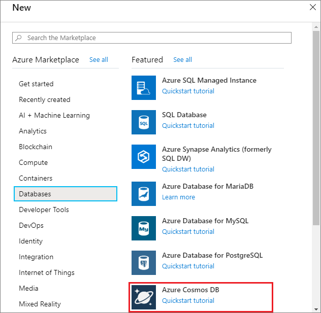 Riquadro Database nel portale di Azure