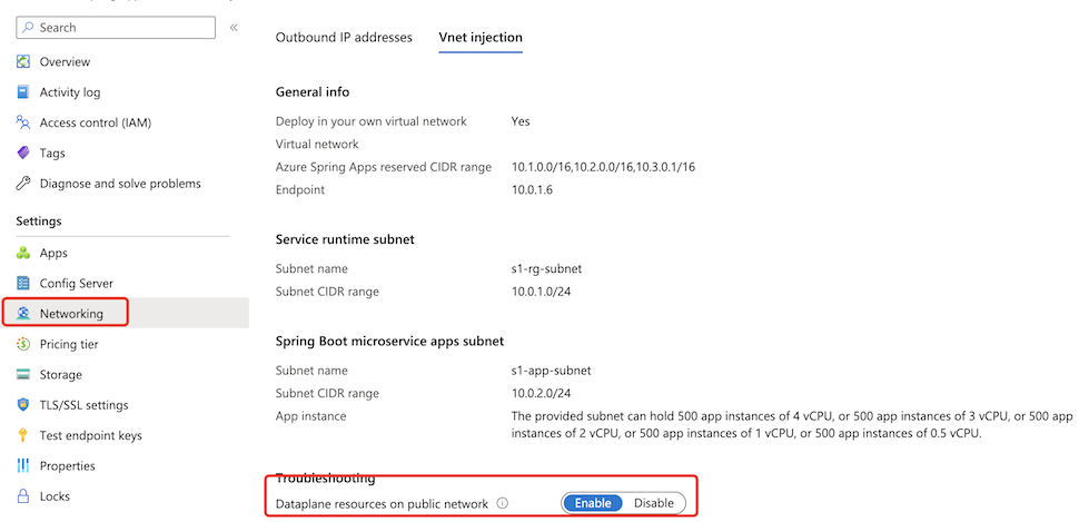 Screenshot del portale di Azure che mostra la pagina Rete con la scheda Vnet injection selezionata e la sezione Risoluzione dei problemi evidenziata.