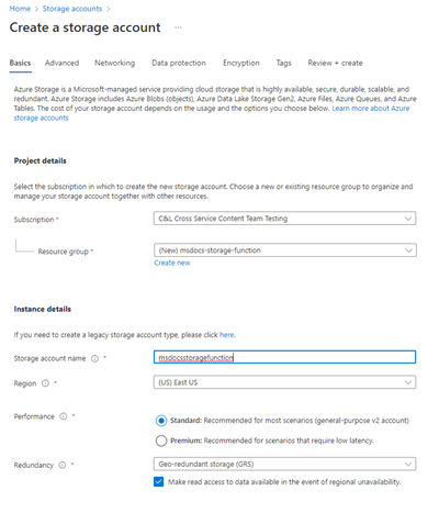 Screenshot che mostra come creare un account di archiviazione in Azure.