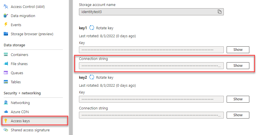 Screenshot che mostra come copiare un stringa di connessione dal portale di Azure.