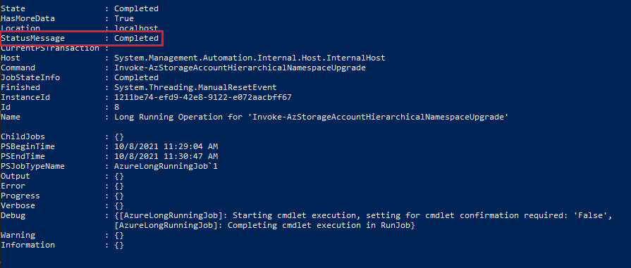 Output di completamento riuscito