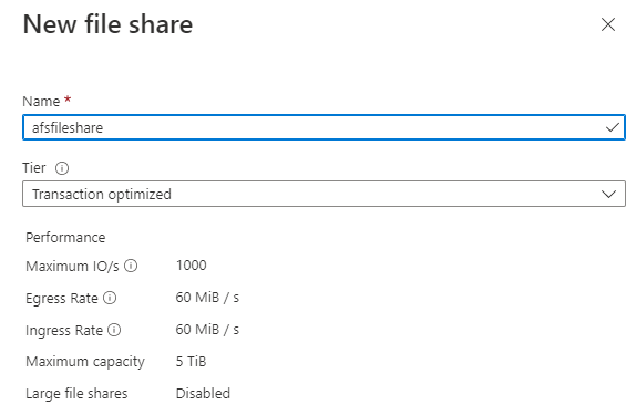 Screenshot che mostra come creare una nuova condivisione file usando il portale di Azure.