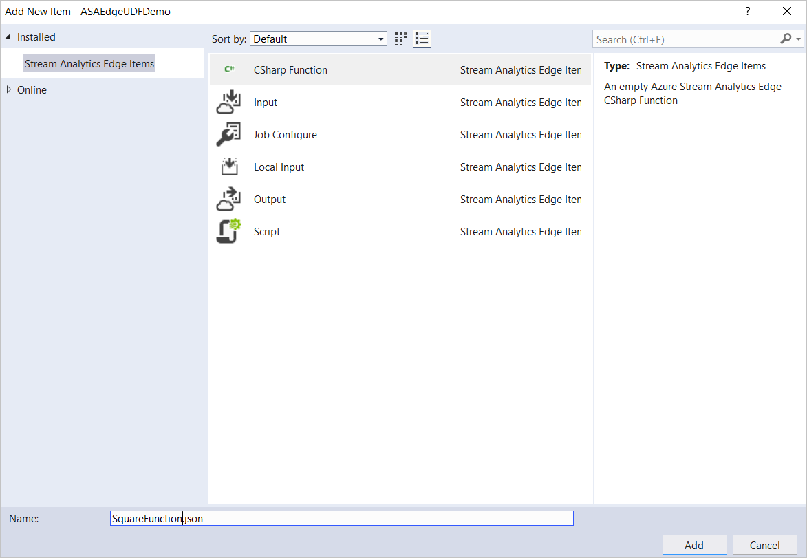 Selezionare la funzione CSharp dagli elementi Edge di Analisi di flusso di Azure in Visual Studio