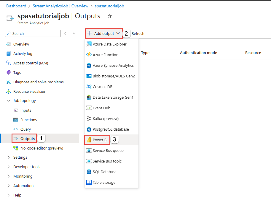 Screenshot che mostra la pagina Output con il menu Aggiungi output -> Power BI selezionato.