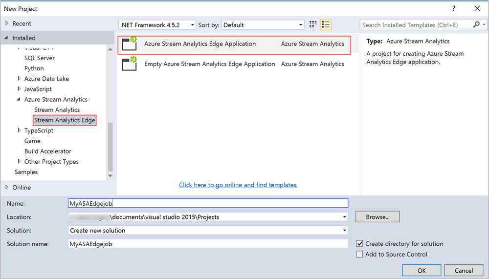 Nuovo progetto Edge di Analisi di flusso in Visual Studio