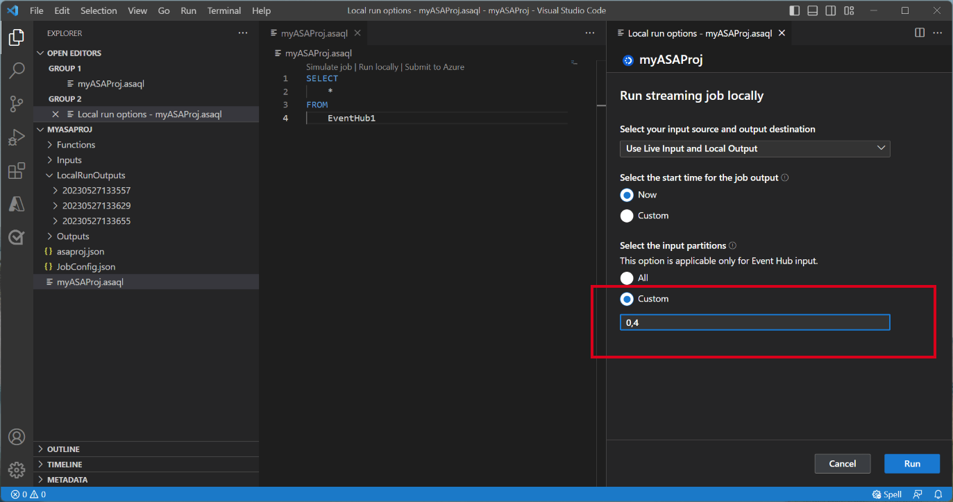 Screenshot dell'estensione VSCode che specifica le partizioni dell'hub eventi.