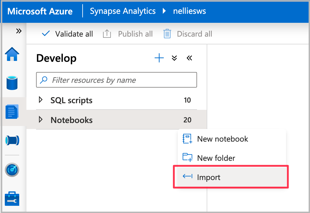 Screenshot di Azure Synapse Analytics con l'opzione Importa evidenziata.