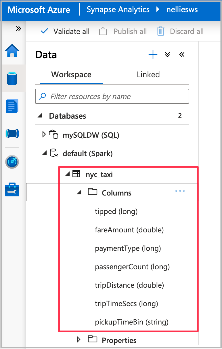 Screenshot della scheda Dati di Azure Synapse Analytics con la nuova tabella evidenziata.