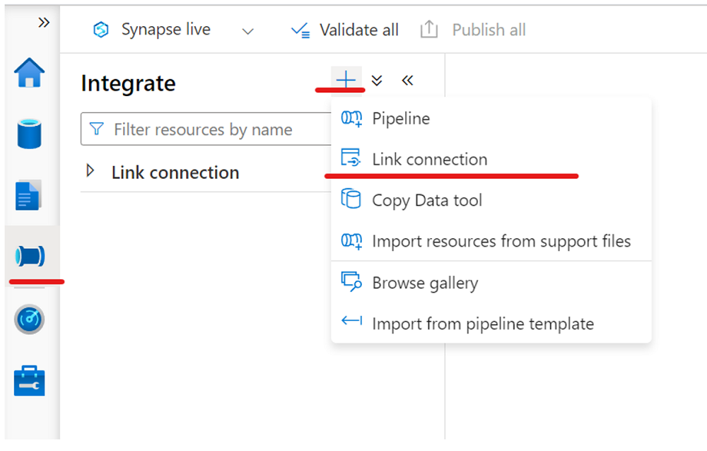 Screenshot che mostra come creare un collegamento a un pool SQL di Azure Synapse.