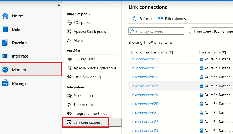 Screenshot che mostra come monitorare lo stato della connessione del Collegamento ad Azure Synapse dall'hub di monitoraggio.