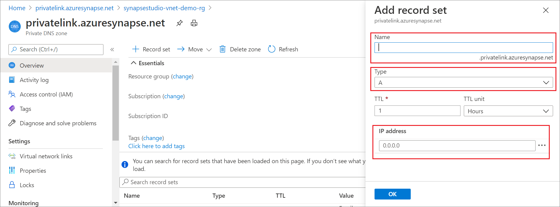 Screenshot of Create Synapse private DNS zone 5.