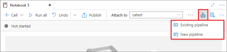 Screenshot delle opzioni di menu per l'aggiunta di un notebook a una pipeline Synapse esistente o nuova.