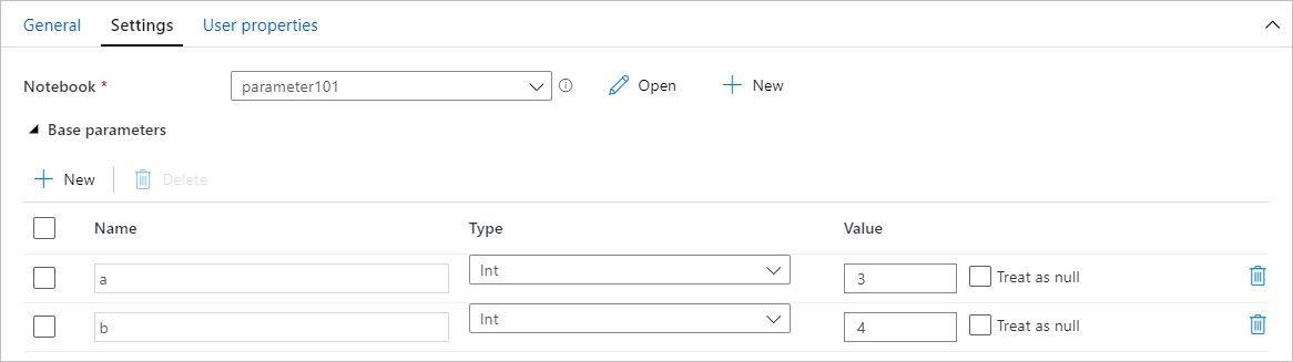 Screenshot dell'area per l'assegnazione di parametri in Azure Synapse Analytics.