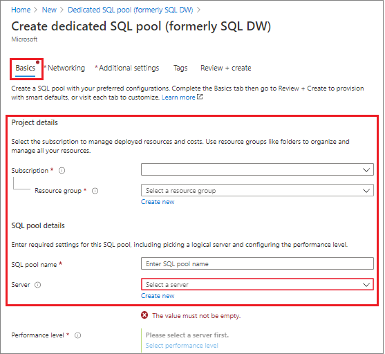 Screenshot del portale di Azure. Creare i dettagli di base di un data warehouse.