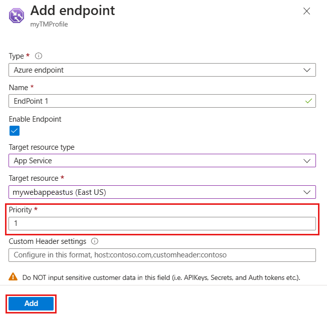 Aggiungere l'endpoint con priorità 1