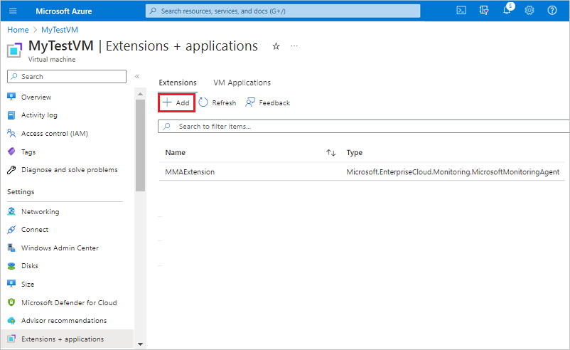 Screenshot che mostra come aggiungere un'estensione per una macchina virtuale nel portale di Azure.