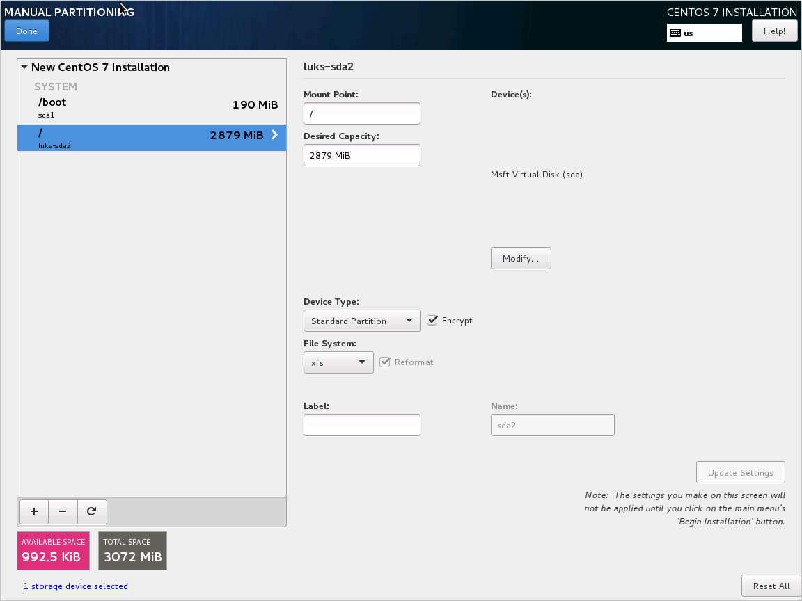 Configurazione di CentOS 7 - Selezionare la crittografia per la partizione radice