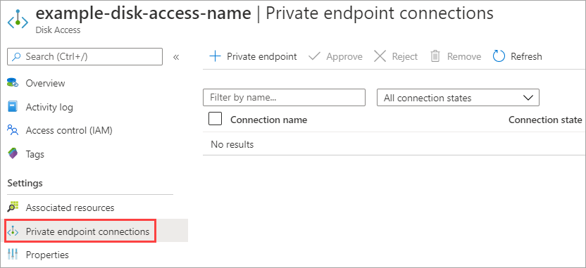 Screenshot del riquadro di panoramica per la risorsa di accesso al disco. Le connessioni endpoint private sono evidenziate.