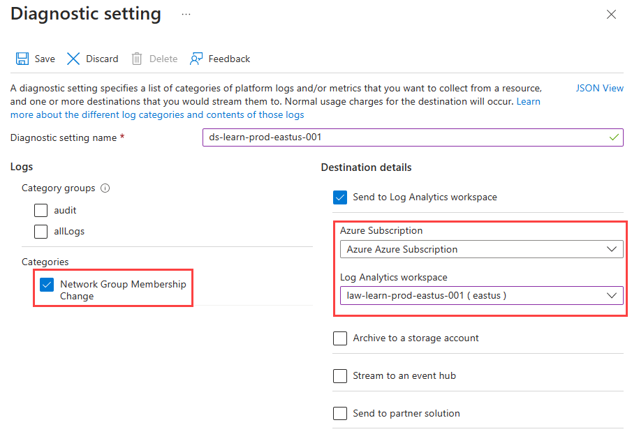 Screenshot della pagina Impostazioni di diagnostica per la configurazione dell'area di lavoro Log Analytics.