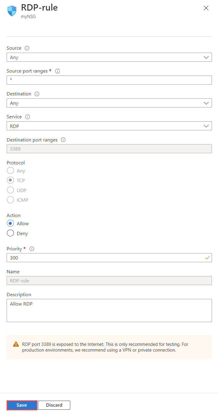 Screenshot of change of an inbound security rule details of a network security group in Azure portal.