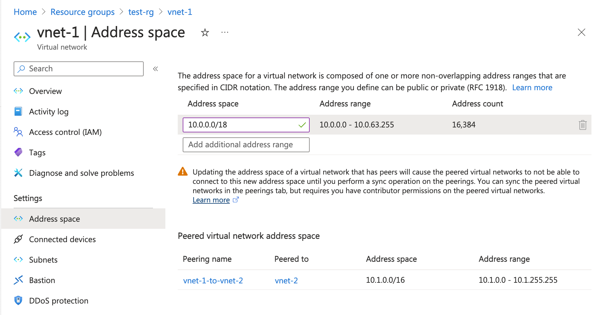 Screenshot della pagina Spazio indirizzi per la modifica del prefisso di una subnet.