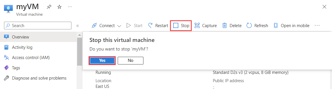 Screenshot dell'arresto di una macchina virtuale in portale di Azure.