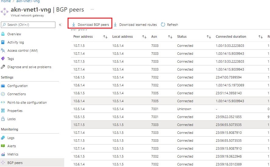 Screenshot del download dei peer BGP.