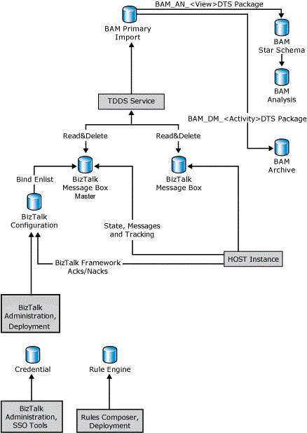 Diagramma di scrittura del database che mostra i processi e le entità che scrivono nei database BizTalk Server ebiz_ops_backup