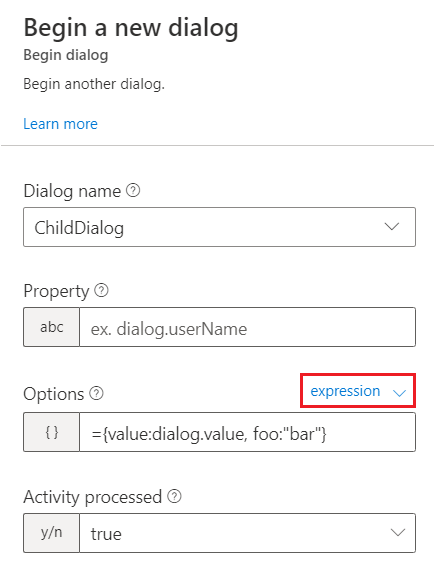 Begin Dialog properties pane