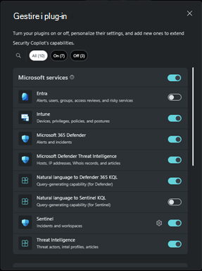 Screenshot che mostra Attivare o disattivare gli interruttori per i plug-in.