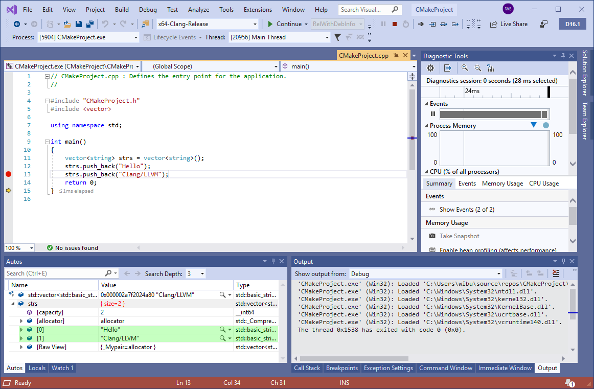 Screenshot del debugger di Visual Studio che esegue il debug di un progetto CLang CMake.