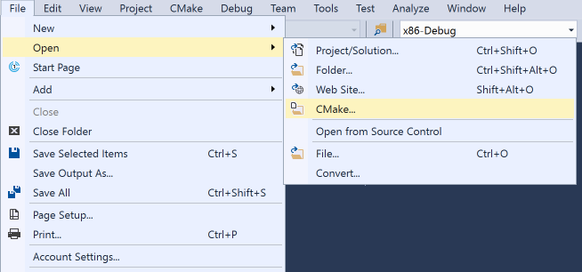 Screenshot del menu principale di Visual Studio. È selezionata l'opzione Apri > > C Make file.