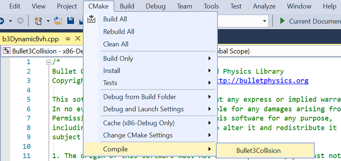 Screenshot del menu di scelta rapida Compilazione CMake > . Contiene una voce: Bullet3Collision.