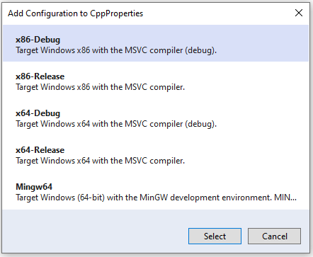 Finestra di dialogo Aggiungi configurazione a CppProperties, che mostra l'elenco delle configurazioni predefinite: x86-Debug, x86-Release, x64-Debug, x64-Release e così via.