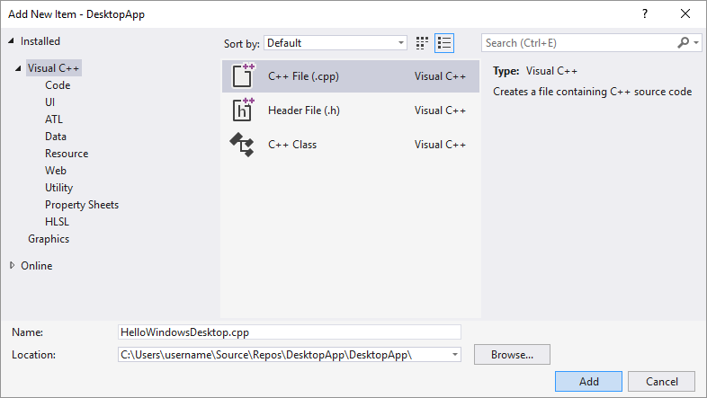 Screenshot della finestra di dialogo Aggiungi nuovo elemento in Visual Studio 2019. È selezionata l'opzione C più file (.cpp). Il campo nome è impostato su Hello Windows Desktop.cpp.