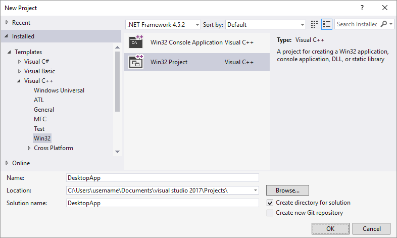 Screenshot della finestra di dialogo Nuovo progetto in Visual Studio 2015 con Modelli > installati > Visual C più > Win32 selezionati, l'opzione Progetto Win32 evidenziata e DesktopApp digitata nella casella di testo Nome.