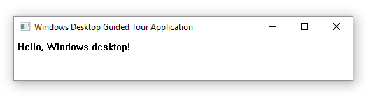 Screenshot del progetto in esecuzione. Mostra una finestra con il titolo Applicazione presentazione guidata desktop di Windows. Il contenuto della finestra è Hello, Windows desktop!.