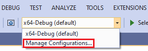 Screenshot che mostra CMake Manage Configurations evidenziato nell'elenco a discesa Configurazione.