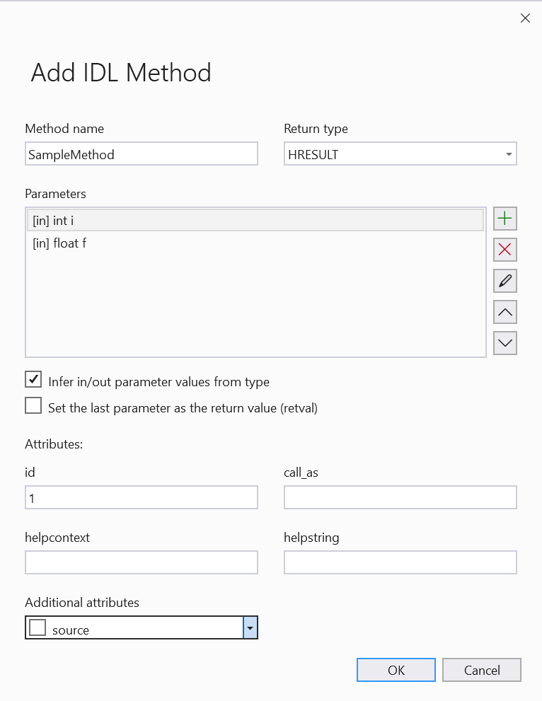 Screenshot dell'aggiunta di un metodo tramite la procedura guidata. Mostra due parametri: [ in ] int i e [ in ] float f. Il tipo restituito è HRESULT. È selezionata l'opzione Infer in out parameter values from type .Infer in out parameter values from type is selected.