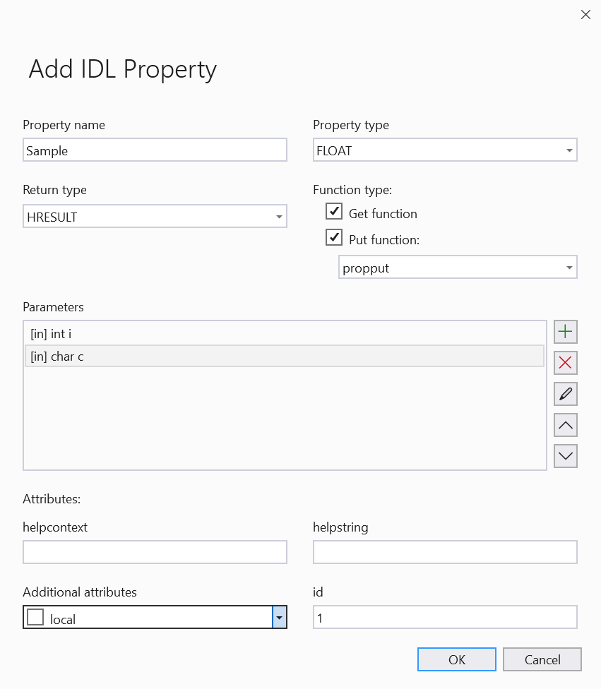 Screenshot dell'aggiunta della proprietà IDL con due parametri: [ in ] int i e [ in ] char c. Il tipo restituito è HRESULT. Il tipo di proprietà è float.