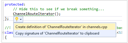 Screenshot che mostra la correzione rapida con l'opzione Create definition of Channel Route Iterator nei canali con l'opzione C P P evidenziata.