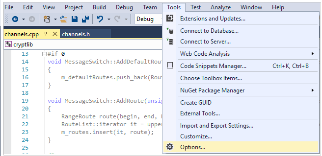 Screenshot che mostra la voce di menu Strumenti di Visual Studio selezionata e la voce di menu Opzioni evidenziata.