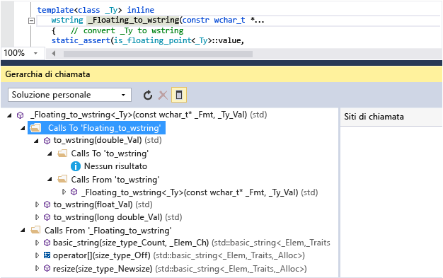 Screenshot della finestra Gerarchia di chiamata che mostra le chiamate da e verso Floating_to_wstring(). Ad esempio, to_wstring() chiama Floating_to_wstring().