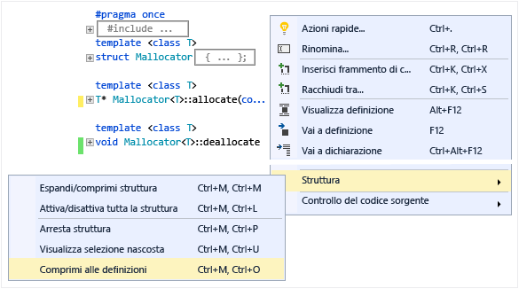 Screenshot della finestra di struttura che mostra il corpo delle classi compresse. Le opzioni per Comprimi in definizioni, Attiva/Disattiva struttura e così via sono visibili.